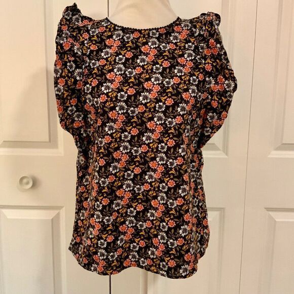 Loft Black Pink Floral Ruffle Trim Cotton Top Small - Picture 1 of 10